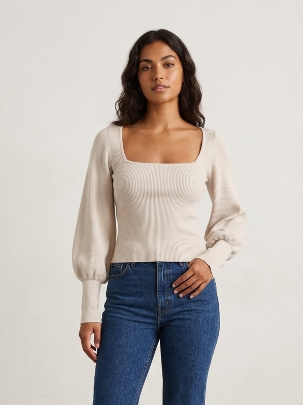 Aritzia Babaton Sz S Gideon Off White Cream Ribbed Puff Sleeves Top